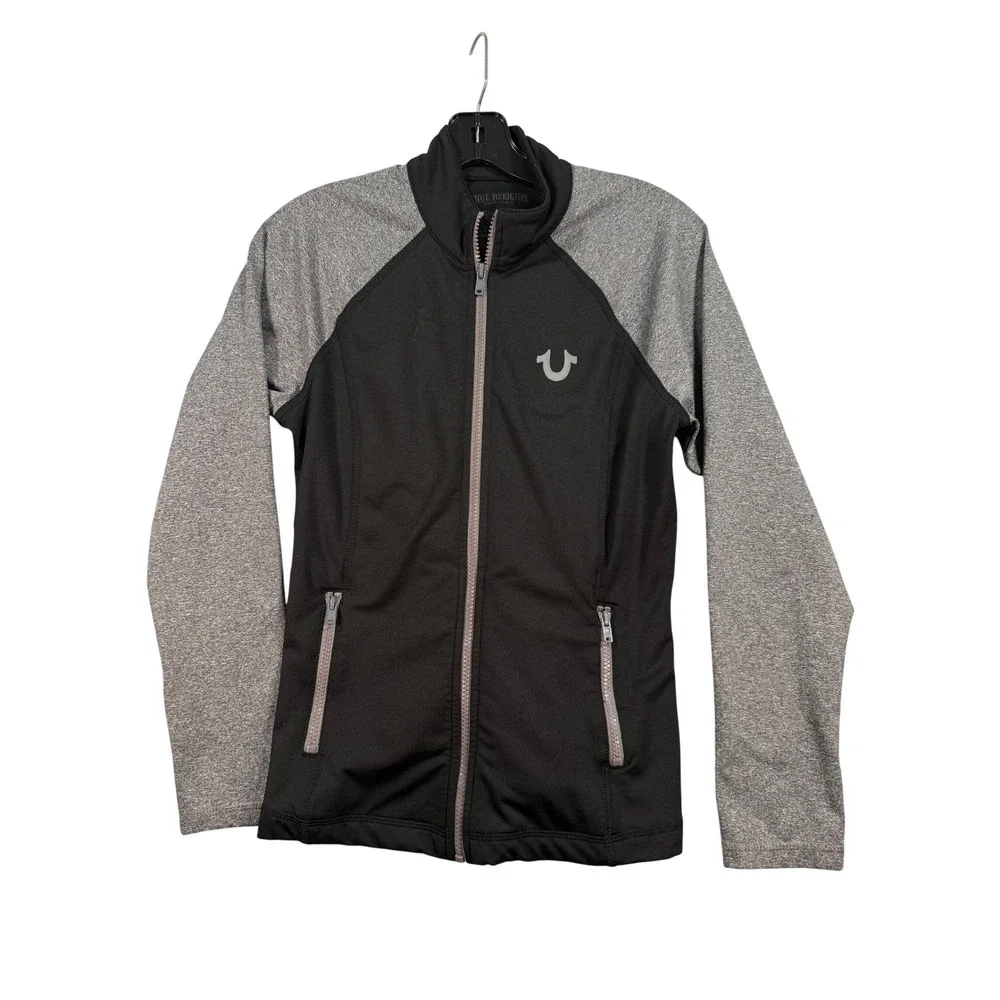 True Religion Track Jacket Black Gray Full Zip Small Horseshoe Logo Sport Active